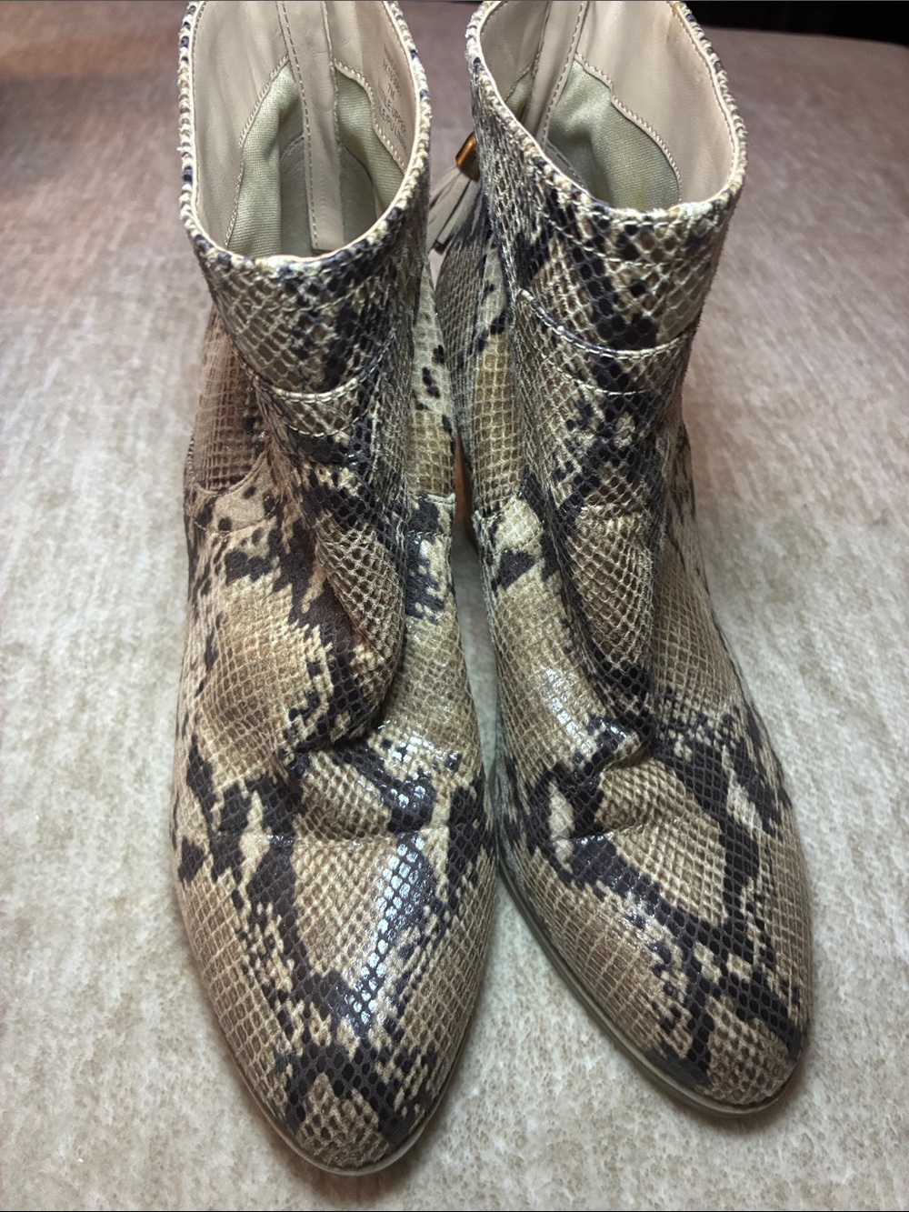 Anne Klein Snake-Print Pointed Ankle Boots in Beige and Black